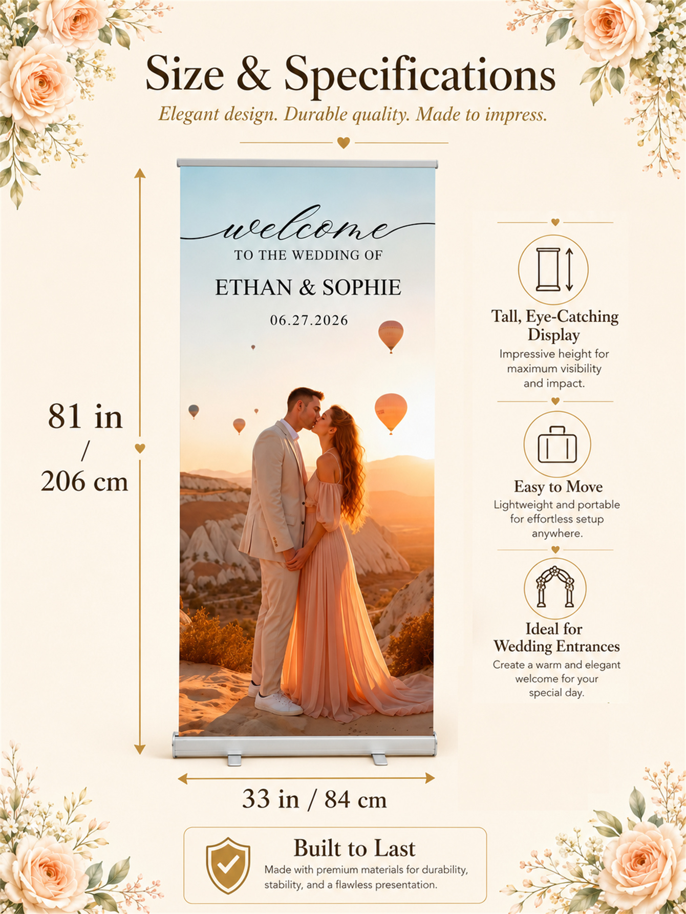 婚礼定制伸缩横幅 – 个性化婚礼欢迎牌、接待装饰和背景幕布